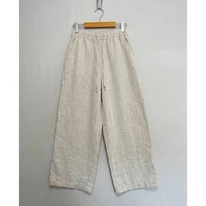 H&M Wide Leg Linen Blend Pants XS Oatmeal Beige Drawstring Elastic Waist Pockets